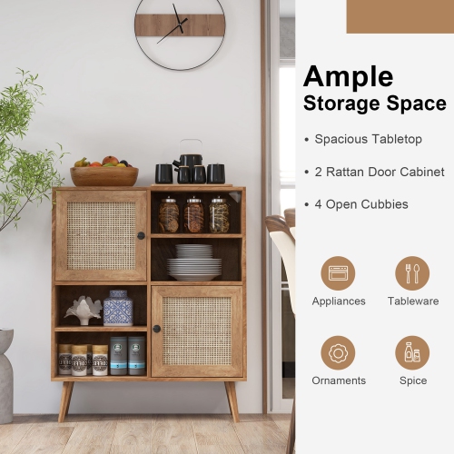 Costway Rattan Buffet Sideboard Accent Storage Cabinet Coffee Bar Cabinet Doors Cubbies