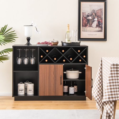 Costway Industrial Wine Bar Cabinet Sideboard Buffet with Glass Holder & Adjustable Shelf