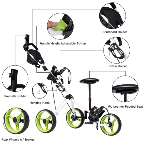 Topbuy – Chariot de golf pliable à 3 roulettes et à poignée-poussoir avec sac de tableau de bord de siège