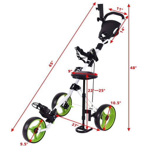 Topbuy – Chariot de golf pliable à 3 roulettes et à poignée-poussoir avec sac de tableau de bord de siège