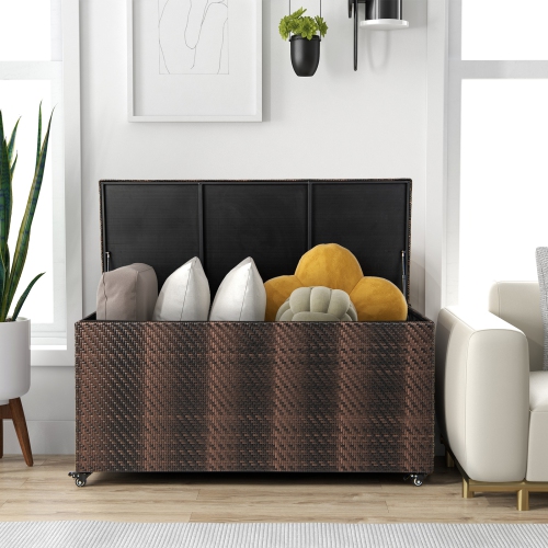 Topbuy 96 Gallon Outdoor Storage Box PE Wicker Deck Box with 4 Wheels & Waterproof Liner Patio Rattan Storage Container Mix Brown/Mix Grey