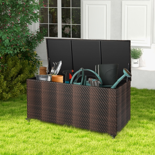 Topbuy 96 Gallon Outdoor Storage Box PE Wicker Deck Box with 4 Wheels & Waterproof Liner Patio Rattan Storage Container Mix Brown/Mix Grey