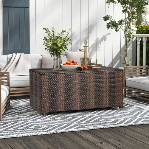 Topbuy 96 Gallon Outdoor Storage Box PE Wicker Deck Box with 4 Wheels & Waterproof Liner Patio Rattan Storage Container Mix Brown/Mix Grey
