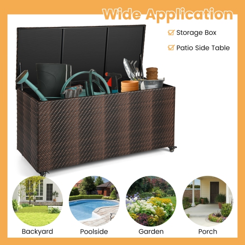 Topbuy 96 Gallon Outdoor Storage Box PE Wicker Deck Box with 4 Wheels & Waterproof Liner Patio Rattan Storage Container Mix Brown/Mix Grey