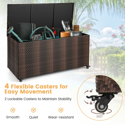 Topbuy 96 Gallon Outdoor Storage Box PE Wicker Deck Box with 4 Wheels & Waterproof Liner Patio Rattan Storage Container Mix Brown/Mix Grey