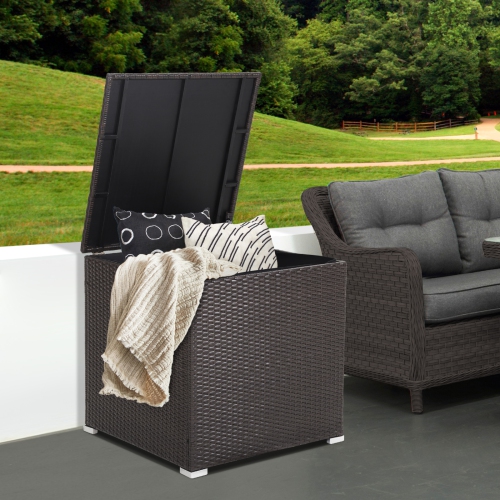 Topbuy 72 Gallon Deck Box Outdoor Mix Brown Wicker Storage Box with Waterproof Zippered Liner and Safe Pneumatic Rod