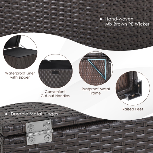 Topbuy 72 Gallon Deck Box Outdoor Mix Brown Wicker Storage Box with Waterproof Zippered Liner and Safe Pneumatic Rod