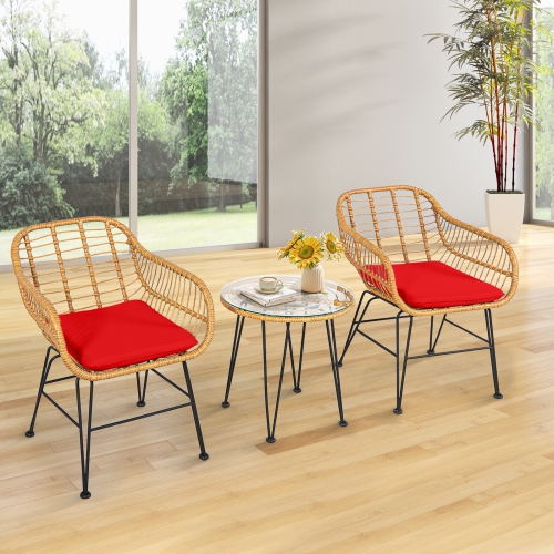 TOPBUY  Patiojoy 3 Pieces Patio Furniture Set W/tempered Glass Coffee Table Set for Garden And Backyard White/red/turquoise Cushions