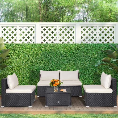 Topbuy 5 Piece Patio Furniture Set Outdoor Rattan Sofa Set w/ Seat & Back Cushions Convenient Square Coffee Table
