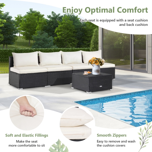 Topbuy 5 Piece Patio Furniture Set Outdoor Rattan Sofa Set w/ Seat & Back Cushions Convenient Square Coffee Table