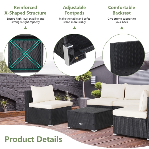 Topbuy 5 Piece Patio Furniture Set Outdoor Rattan Sofa Set w/ Seat & Back Cushions Convenient Square Coffee Table