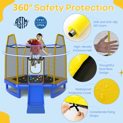 Gymax 7FT Kids Recreational Trampoline w/ Ladder & Slide Ocean Ball Indoor Outdoor