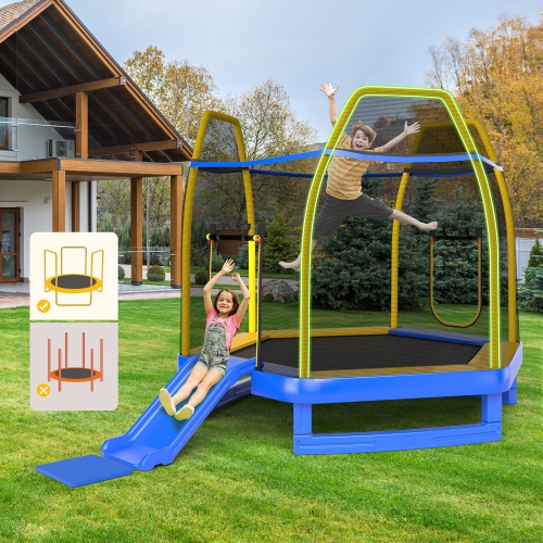 Gymax 7FT Kids Recreational Trampoline w/ Ladder & Slide Ocean Ball Indoor Outdoor