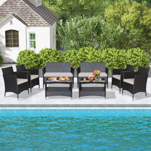 GYMAX  8PCs Outdoor Sofa Set Patio Rattan Wicker Conversation Set W/ Coffee Table
