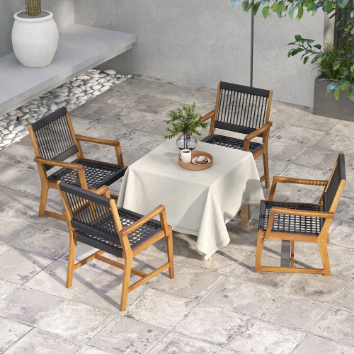 Gymax Patio 4PCS Acacia Wood Dining Chairs All-Weather Rope Woven Armchairs Outdoor