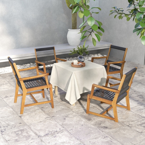 Gymax Patio 4PCS Acacia Wood Dining Chairs All-Weather Rope Woven Armchairs Outdoor