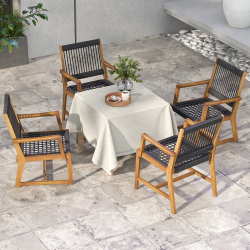 Gymax Patio 4PCS Acacia Wood Dining Chairs All-Weather Rope Woven Armchairs Outdoor