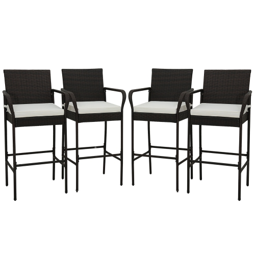 GYMAX  4PCs Patio Pe Wicker Bar Chairs Counter Height Barstools With Armrests & Cushions