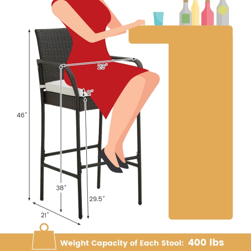 Gymax 4PCS Patio PE Wicker Bar Chairs Counter Height Barstools With Armrests & Cushions