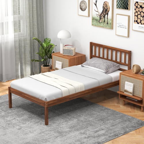 Gymax Twin/Full/Queen Platform Bed with Headboard Solid Wood Leg Mattress Foundation Walnut