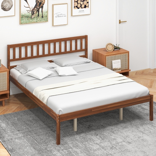 Gymax Twin/Full/Queen Platform Bed with Headboard Solid Wood Leg Mattress Foundation Walnut