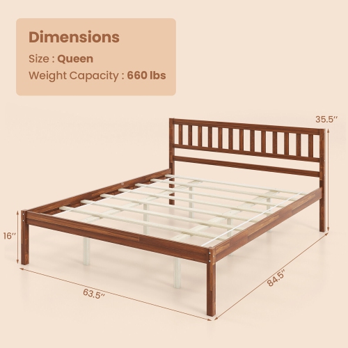 Gymax Twin/Full/Queen Platform Bed with Headboard Solid Wood Leg Mattress Foundation Walnut
