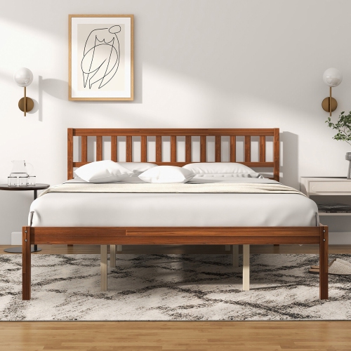 Gymax Twin/Full/Queen Platform Bed with Headboard Solid Wood Leg Mattress Foundation Walnut