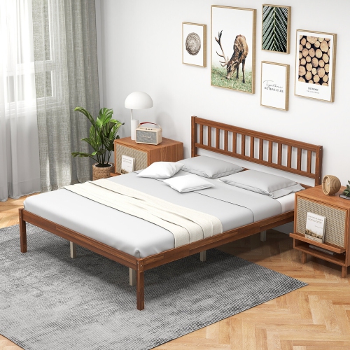 Gymax Twin/Full/Queen Platform Bed with Headboard Solid Wood Leg Mattress Foundation Walnut