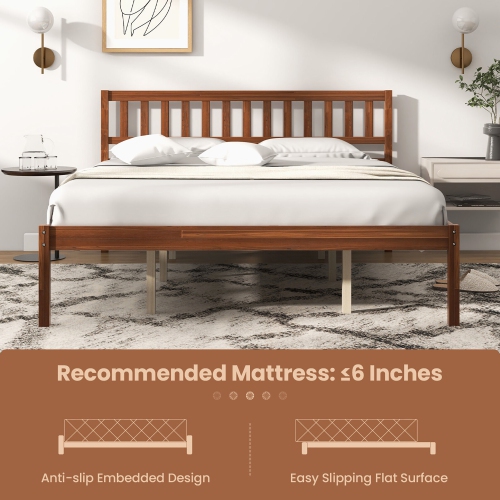 Gymax Twin/Full/Queen Platform Bed with Headboard Solid Wood Leg Mattress Foundation Walnut