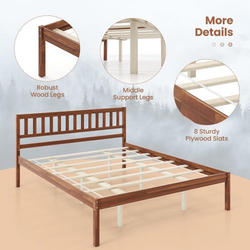 Gymax Twin/Full/Queen Platform Bed with Headboard Solid Wood Leg Mattress Foundation Walnut