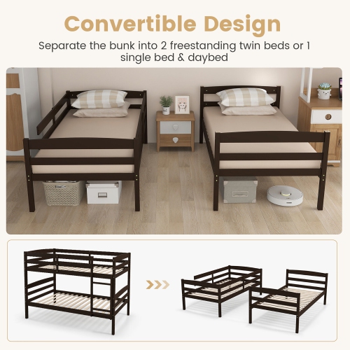 Gymax Twin Over Twin Bunk Bed Wooden Convertible Into 2 Beds High Guardrails