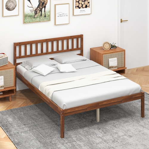 GYMAX  Twin/full/queen Platform Bed With Headboard Solid Wood Leg Mattress Foundation Walnut