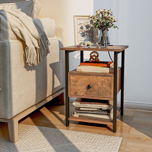 Gymax 2PCS Nightstand Bedside Sofa End Table w/ Charging Station Open Shelves & Drawer