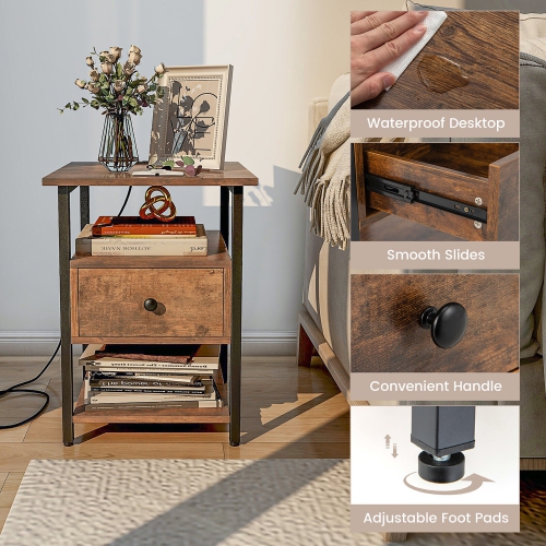 Gymax 2PCS Nightstand Bedside Sofa End Table w/ Charging Station Open Shelves & Drawer