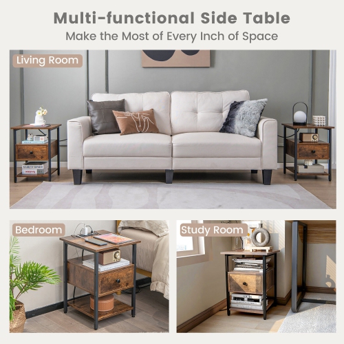 Gymax 2PCS Nightstand Bedside Sofa End Table w/ Charging Station Open Shelves & Drawer