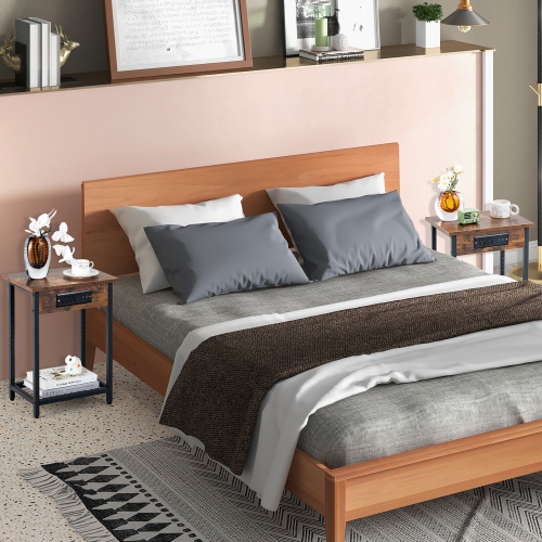 Gymax 2PCS Bedside Sofa Tables Nightstand w/ Charging Station for Bedroom Living Room