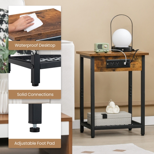 Gymax 2PCS Bedside Sofa Tables Nightstand w/ Charging Station for Bedroom Living Room