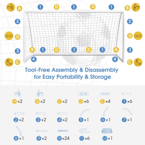 Topbuy 12FT x 6FT Soccer Goal Soccer Net with Strong PVC Frame Portable Soccer Training Equipment for Kids & Adults