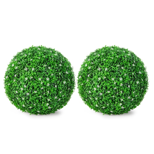 GYMAX  2 PCs Artificial Flower Grass Topiary Balls 19" Faux Balls Indoor Outdoor In White