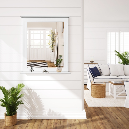 Topbuy Square Vanity Makeup Mirror Bathroom Wall Mirror w/ Holding Shelf White