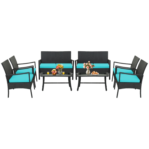Gymax 8PCS Patio Rattan PE Wicker Furniture Conversation Set w/ Sofa Chair & Table