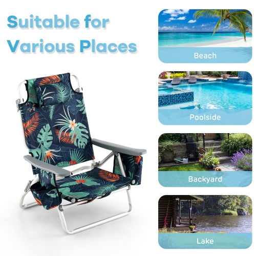 Gymax 2-Pack Folding Backpack Beach Chair Table Set 5-Position Outdoor Reclining Chair