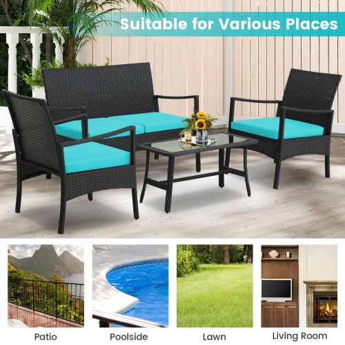 Topbuy 4PCS/8PCS Patio Wicker Furniture Set PE Wicker Furniture Conversation Set Rattan Sofa Chair with Cushions Tempered Glass Coffee Table