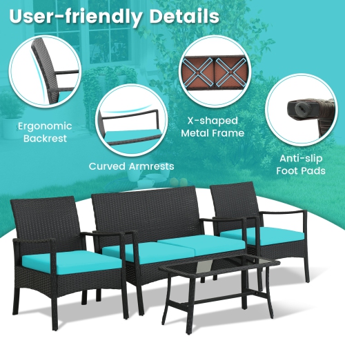 Topbuy 4PCS/8PCS Patio Wicker Furniture Set PE Wicker Furniture Conversation Set Rattan Sofa Chair with Cushions Tempered Glass Coffee Table