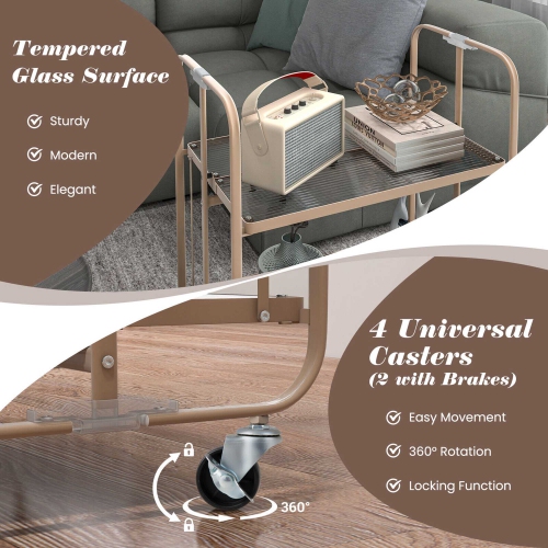 Gymax 2-tier Foldable Kitchen Bar Cart Mobile Tempered Glass Serving Cart w/ Handle