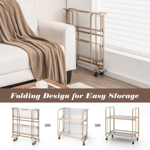 Gymax 2-tier Foldable Kitchen Bar Cart Mobile Tempered Glass Serving Cart w/ Handle