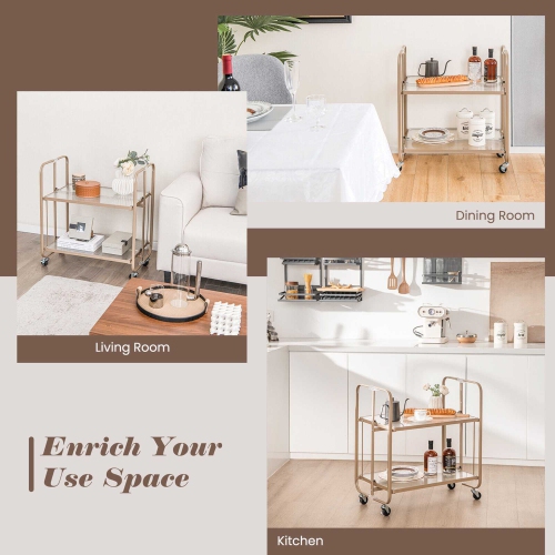 Gymax 2-tier Foldable Kitchen Bar Cart Mobile Tempered Glass Serving Cart w/ Handle