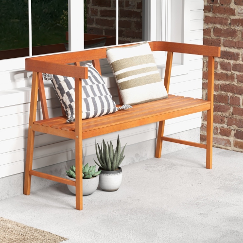 Topbuy 2-Person Outdoor Bench, Patio Wooden Bench with Ergonomic Backrest & Armrests, All-weather Eucalyptus Wood Frame 43" x 18"