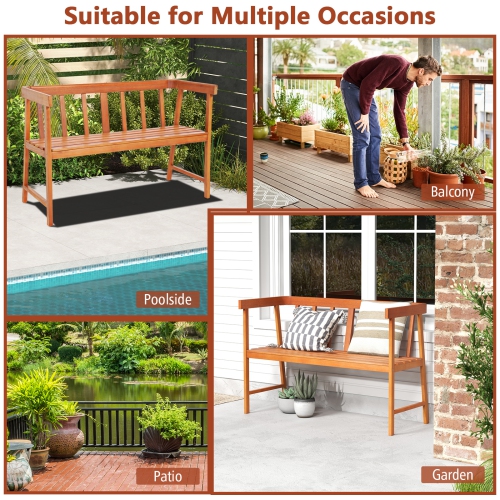 Topbuy 2-Person Outdoor Bench, Patio Wooden Bench with Ergonomic Backrest & Armrests, All-weather Eucalyptus Wood Frame 43" x 18"