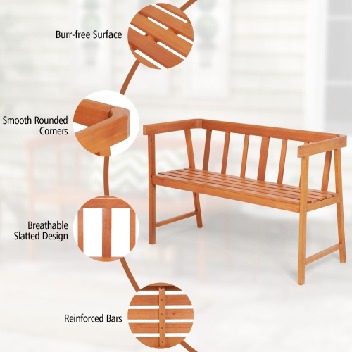 Topbuy 2-Person Outdoor Bench, Patio Wooden Bench with Ergonomic Backrest & Armrests, All-weather Eucalyptus Wood Frame 43" x 18"